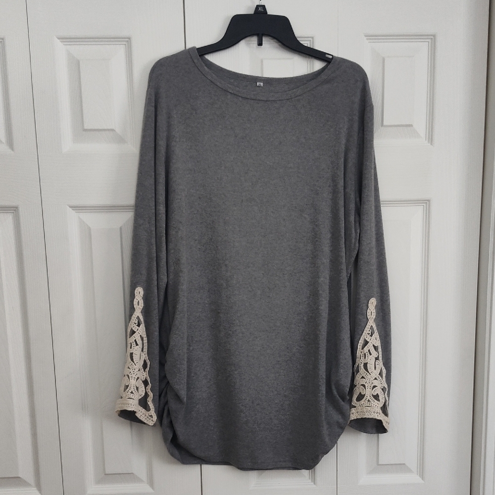 Gray Lace Sleeve Women's Top
